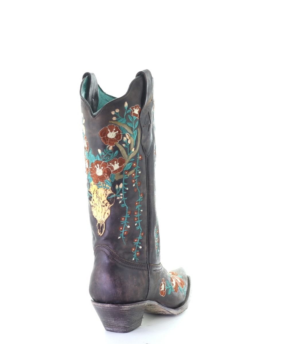 Corral Women's Brown Deer Skull Overlay Floral Embroidered Cowgirl Snip Toe Boots A3710