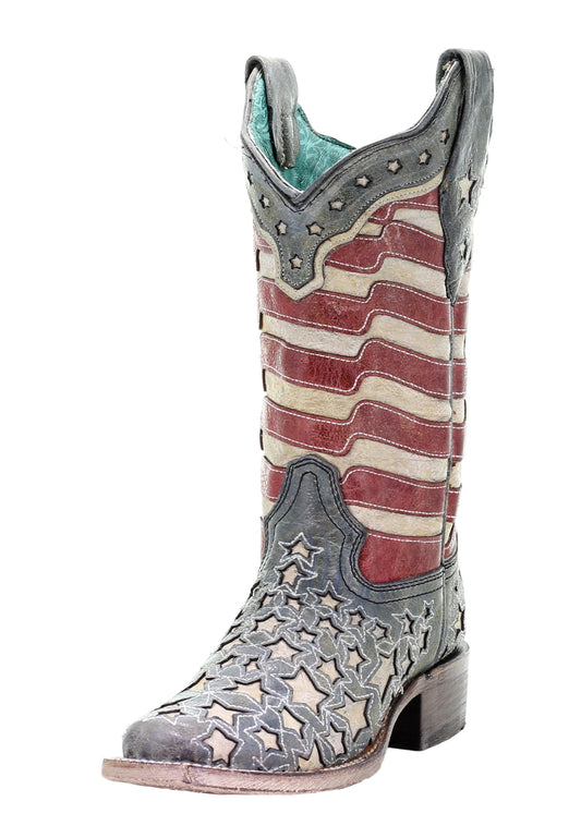 Corral Blue Jean Stripes and Stars Inlay Square Toe Boots