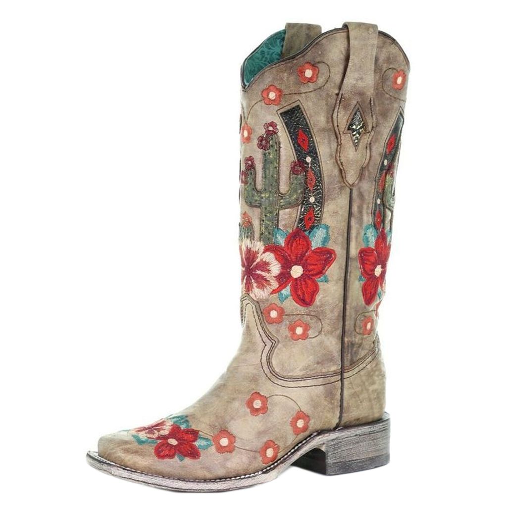 Corral Taupe Cactus Inlay and Embroidered Square Toe Boots