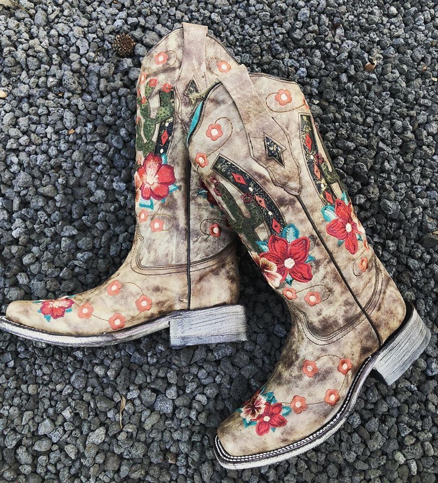 Corral Taupe Cactus Inlay and Embroidered Square Toe Boots