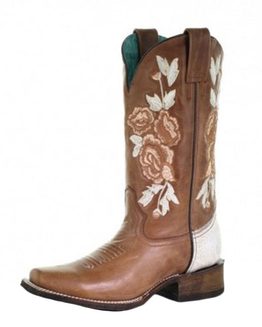 Corral Honey Bone Floral Embroidered Square Toe Boots