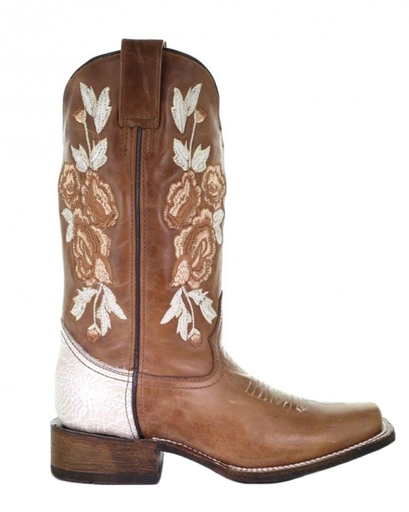 Corral Honey Bone Floral Embroidered Square Toe Boots