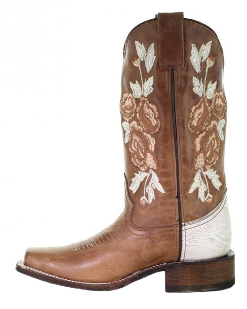 Corral Honey Bone Floral Embroidered Square Toe Boots