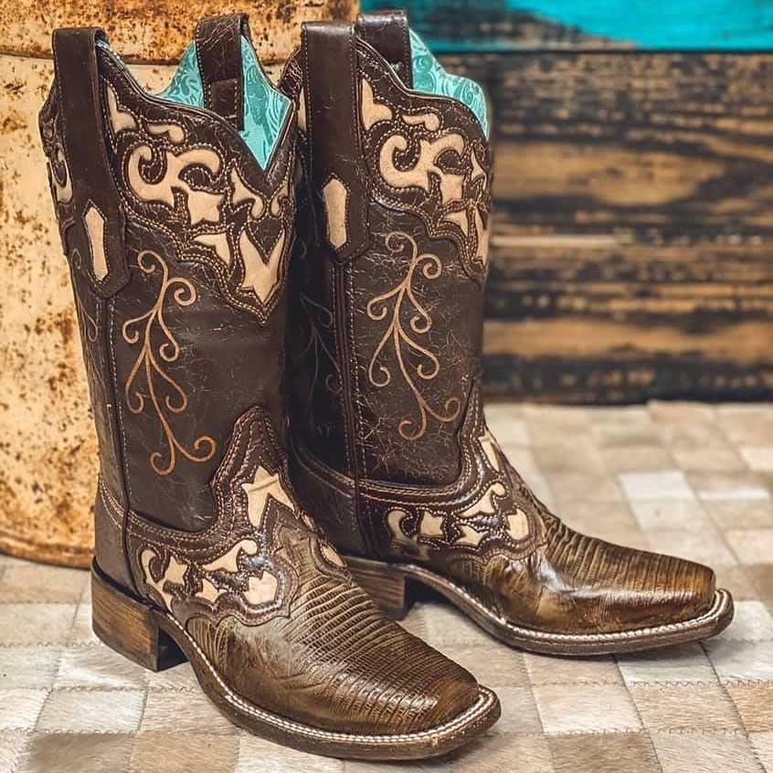 Corral Brown Lizard Beige Inlay Square Toe Boots