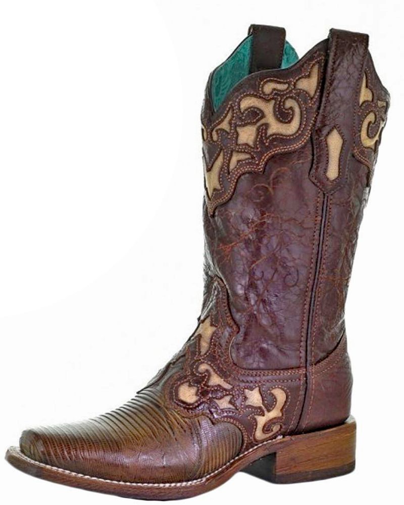 Corral Brown Lizard Beige Inlay Square Toe Boots