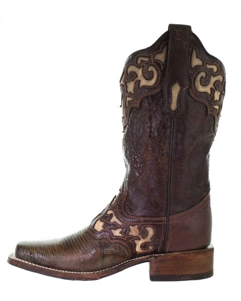 Corral Brown Lizard Beige Inlay Square Toe Boots