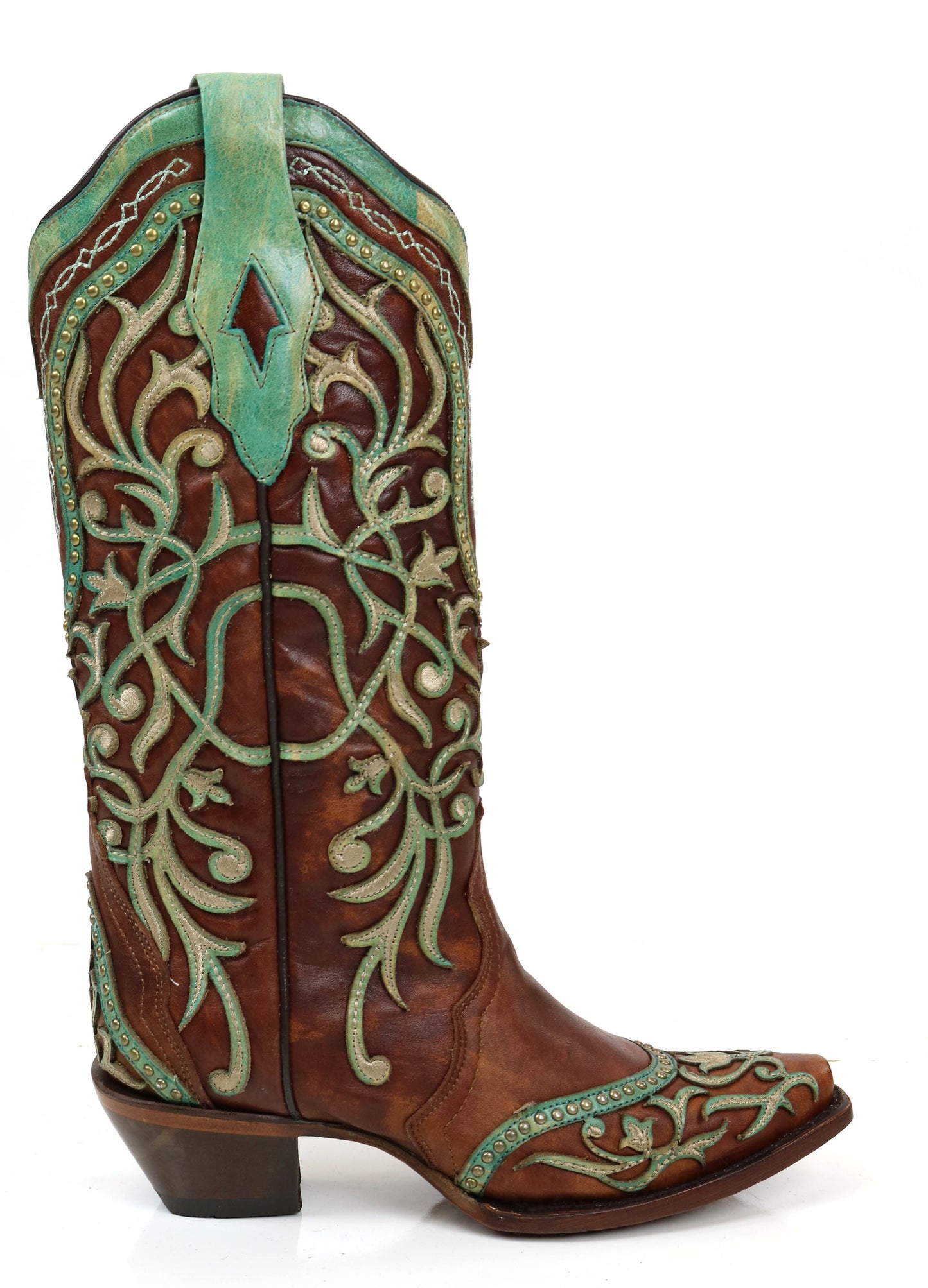 Corral Tan Turquoise Overlay and Embroidered Studs and Crystals Boots