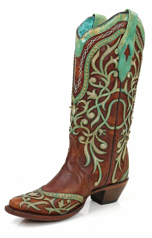 Corral Tan Turquoise Overlay and Embroidered Studs and Crystals Boots