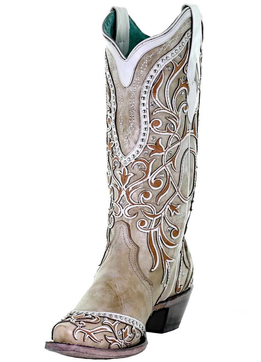 Corral White Overlay and Embroidered Studs and Crystals Boots