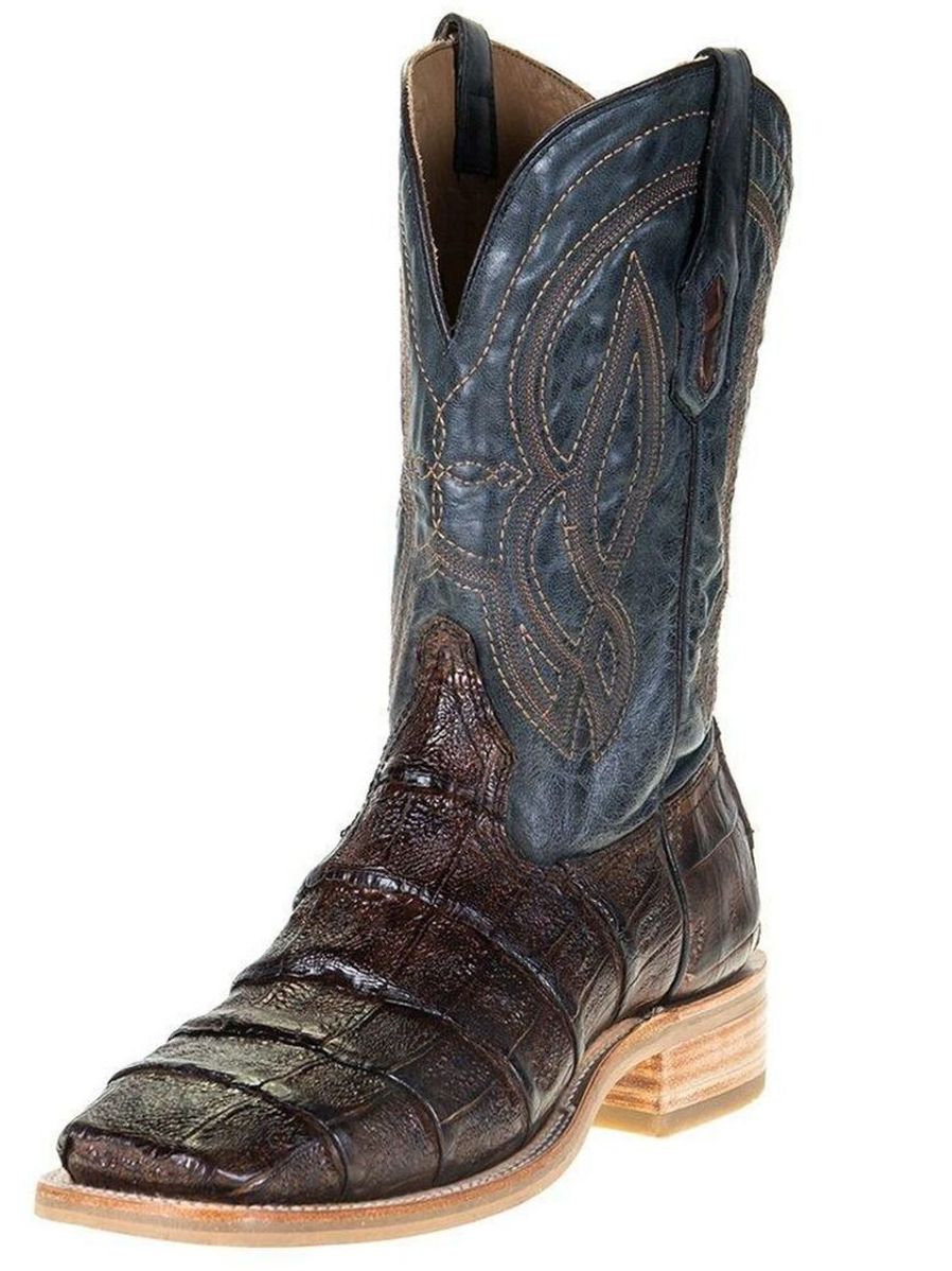 Men's Brown And Blue Caiman Embroidery Square Toe Boot By Corral A4057