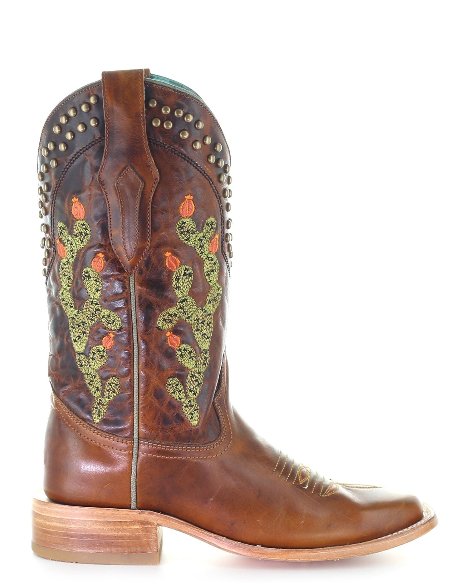 Corral Brown Cactus Inlay and Embroidered with Studs Square Toe Boots