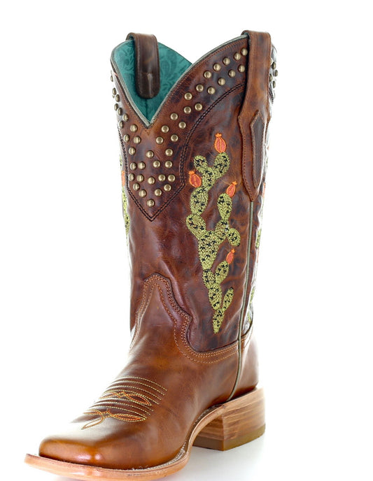 Corral Brown Cactus Inlay and Embroidered with Studs Square Toe Boots