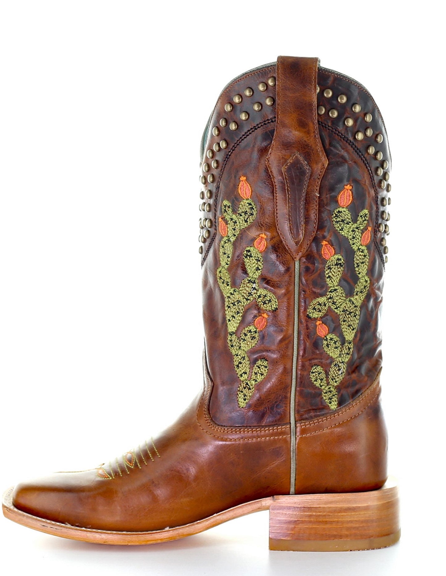 Corral Brown Cactus Inlay and Embroidered with Studs Square Toe Boots