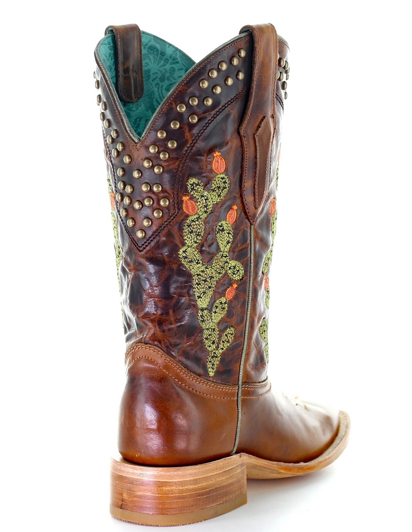 Corral Brown Cactus Inlay and Embroidered with Studs Square Toe Boots