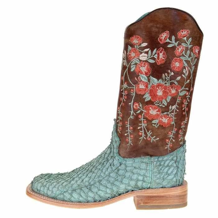 Corral Turquoise and Tan Fish Boots with Brown Floral Top A4061