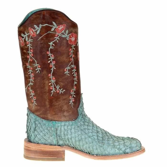 Corral Turquoise and Tan Fish Boots with Brown Floral Top A4061