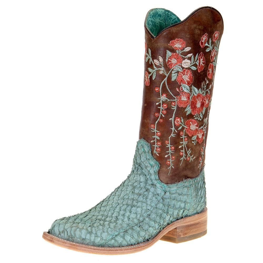 Corral Turquoise and Tan Fish Boots with Brown Floral Top A4061