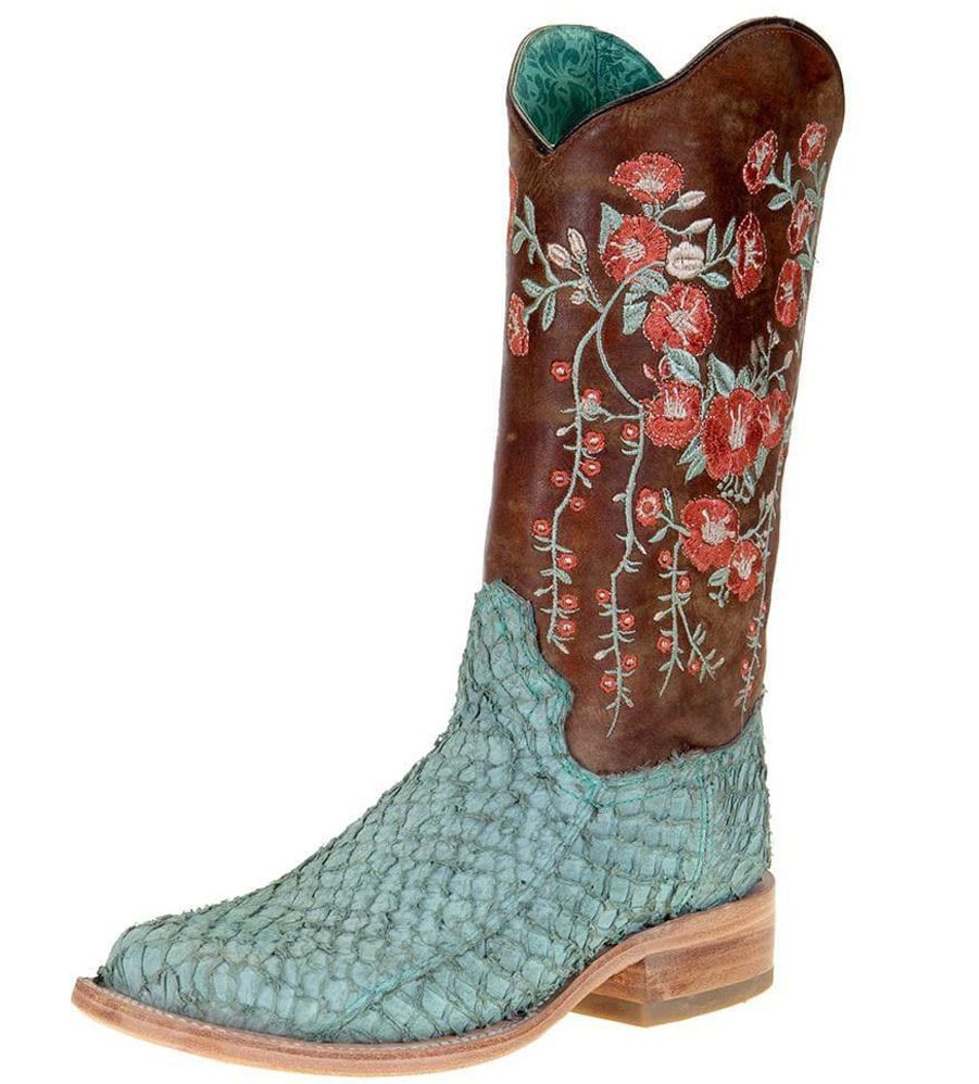 Corral Turquoise and Tan Fish Boots with Brown Floral Top A4061