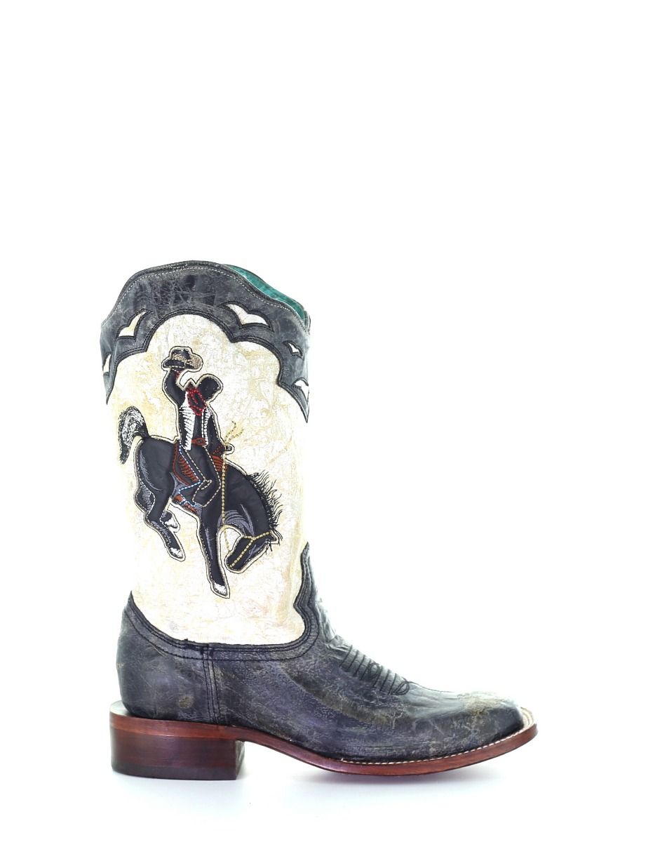 Corral Black and White Retro Bucking Bronc Square Toe Boots