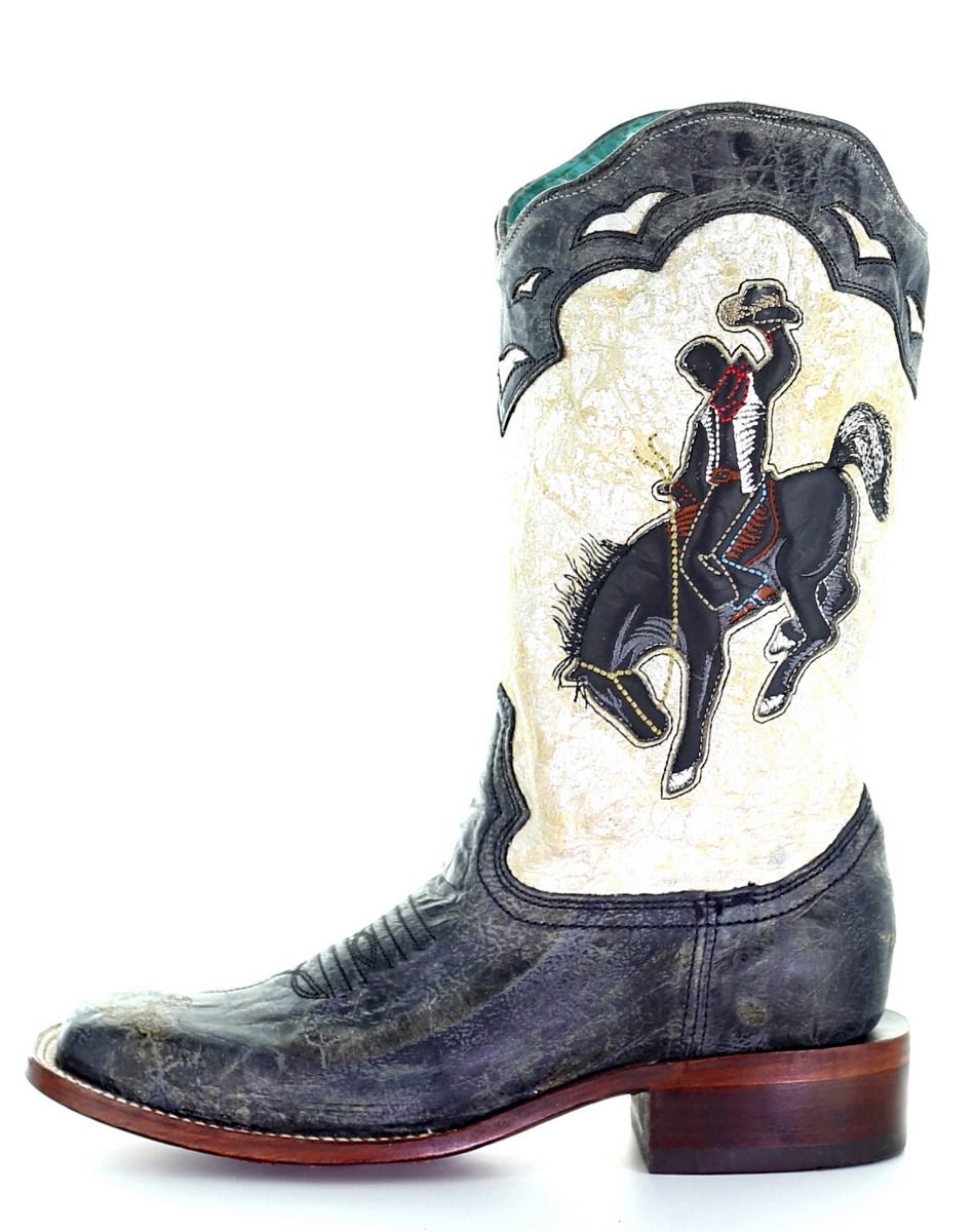 Corral Black and White Retro Bucking Bronc Square Toe Boots