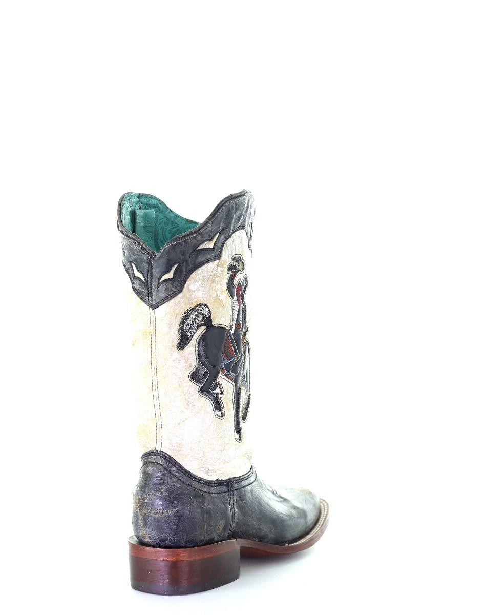 Corral Black and White Retro Bucking Bronc Square Toe Boots