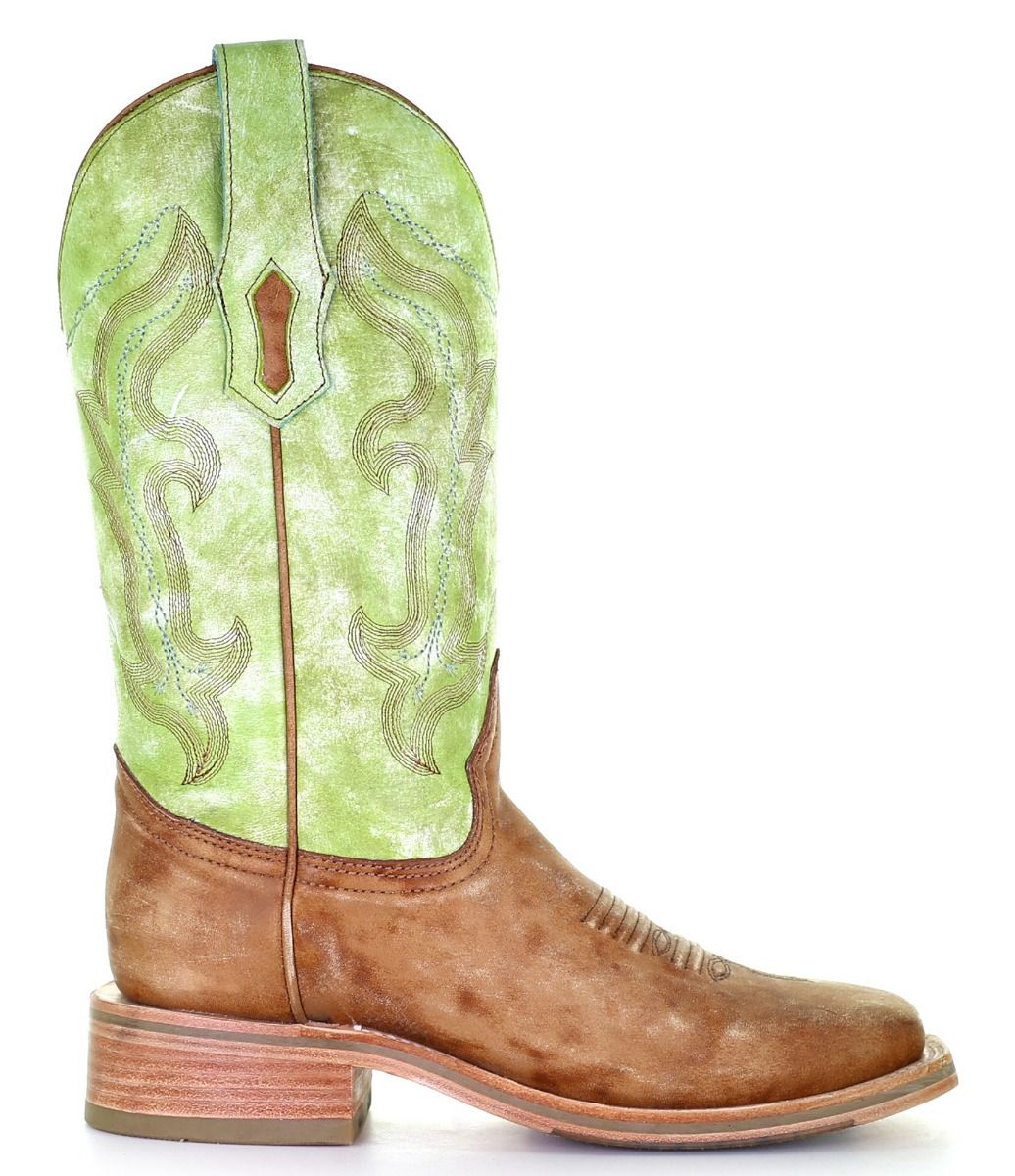 Ladies Sand and Green Embroidery Wide Square Toe Boots A4102 By Corral