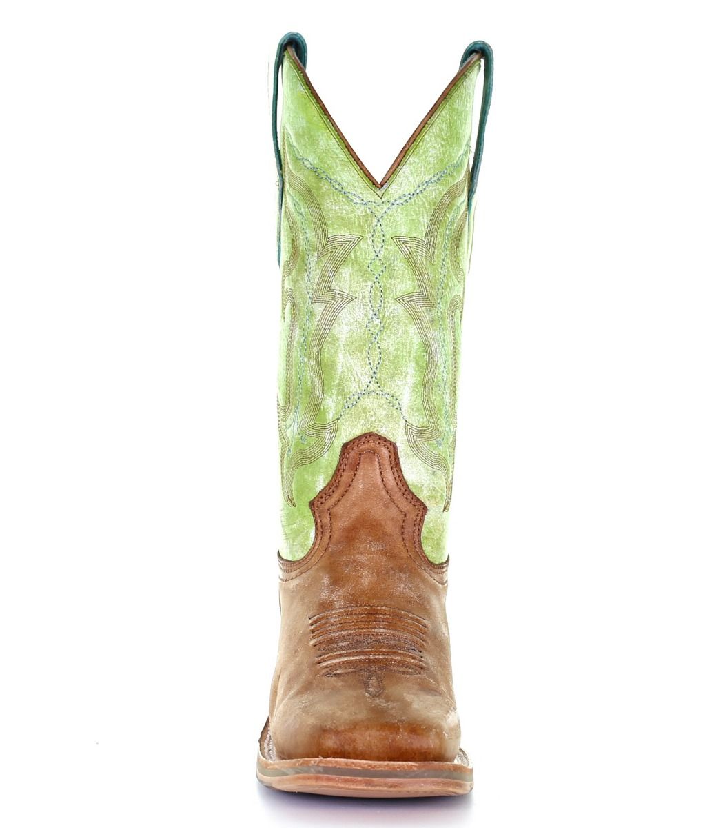 Ladies Sand and Green Embroidery Wide Square Toe Boots A4102 By Corral