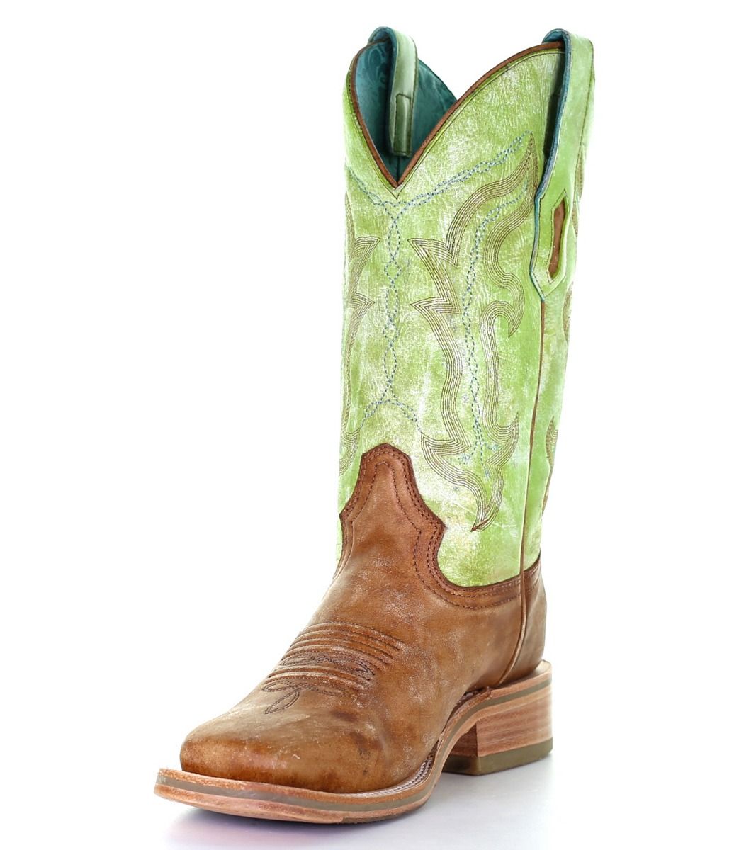 Ladies Sand and Green Embroidery Wide Square Toe Boots A4102 By Corral