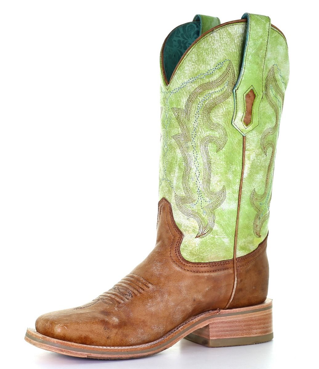 Ladies Sand and Green Embroidery Wide Square Toe Boots A4102 By Corral