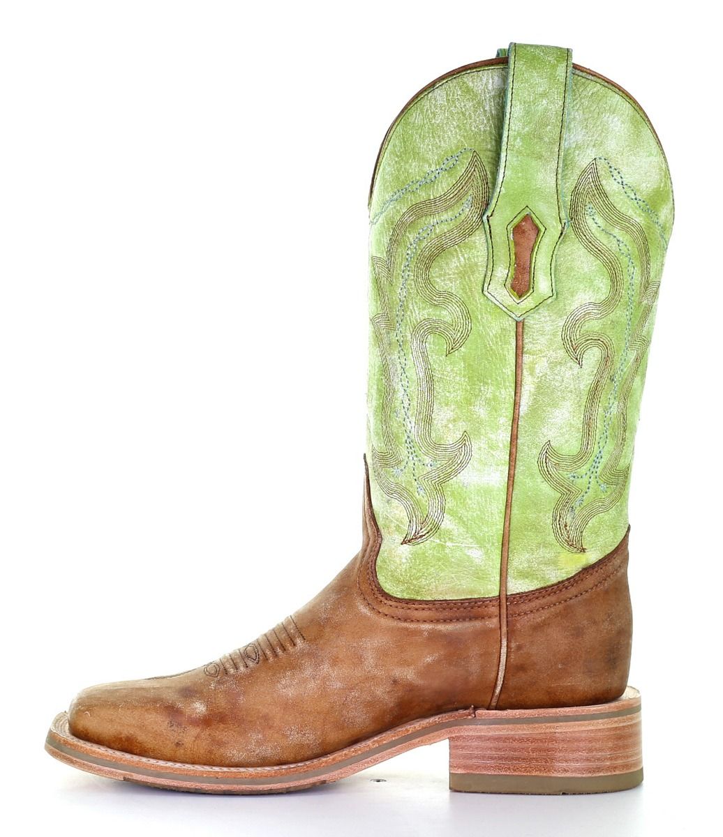 Ladies Sand and Green Embroidery Wide Square Toe Boots A4102 By Corral