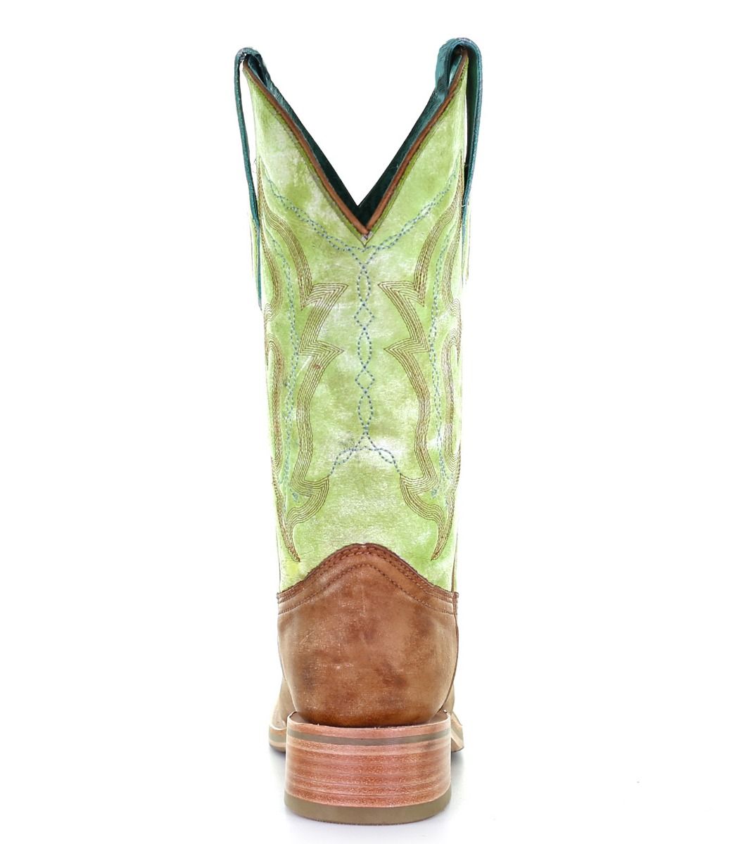 Ladies Sand and Green Embroidery Wide Square Toe Boots A4102 By Corral