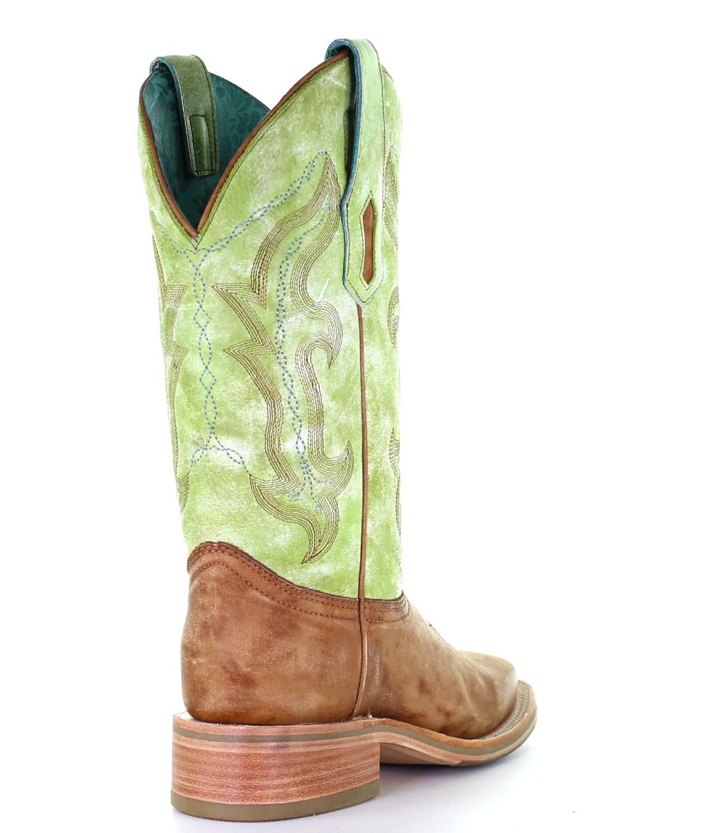 Ladies Sand and Green Embroidery Wide Square Toe Boots A4102 By Corral