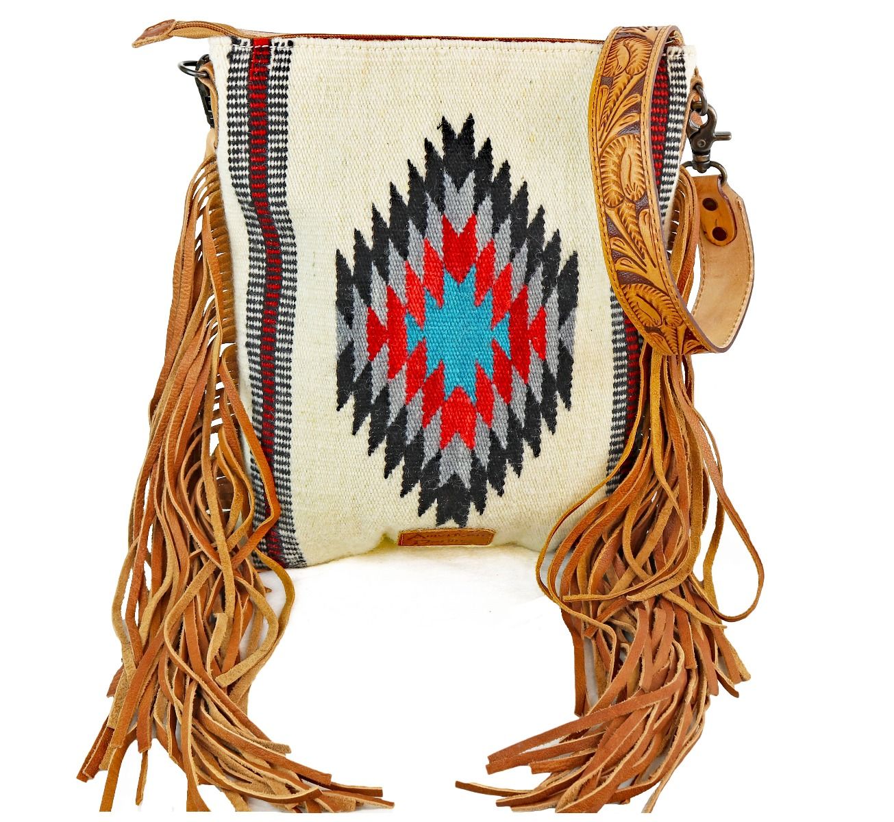 American Darling Aztec And Fringe Crossbody In Red And White ADBG298B