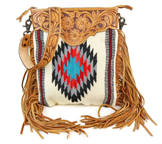 American Darling Aztec And Fringe Crossbody In Red And White ADBG298B