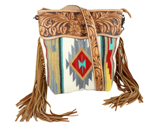 American Darling Cream Multi Colored Aztec Purse with Tooled Leather ADBG510TAND