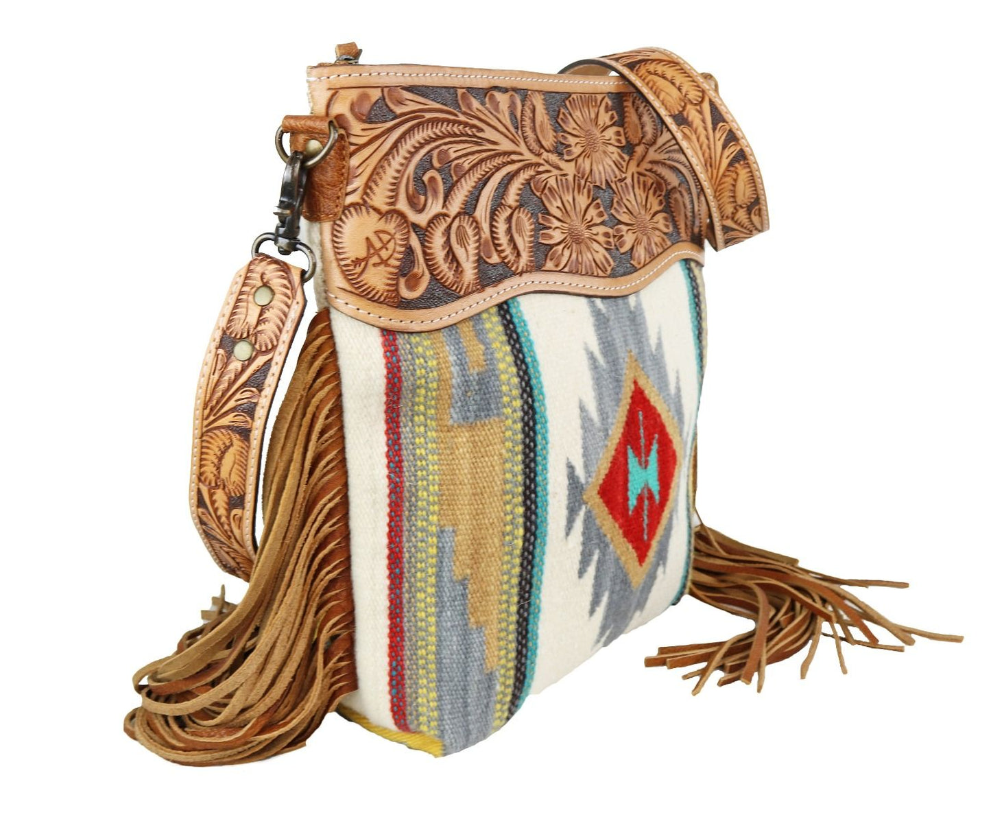 American Darling Cream Multi Colored Aztec Purse with Tooled Leather ADBG510TAND