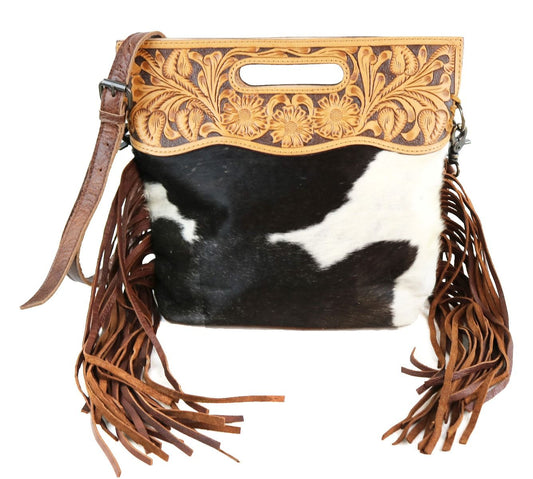 Cowhide And Fringe Crossbody In Brown ADBGS146BRW