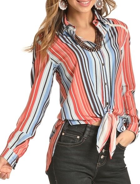 Women's Rock and Roll Cowgirl Long Sleeve Button Front Stripe Print Top