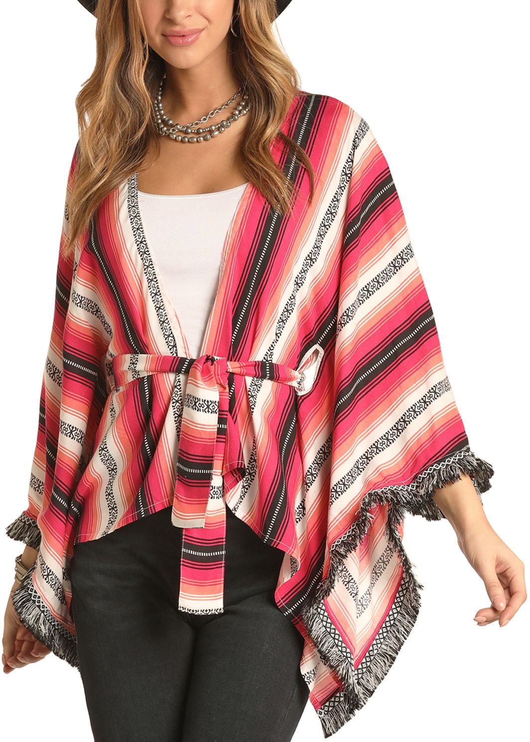 Ladies Rock Roll Cowgirl Striped Poncho With Fringe