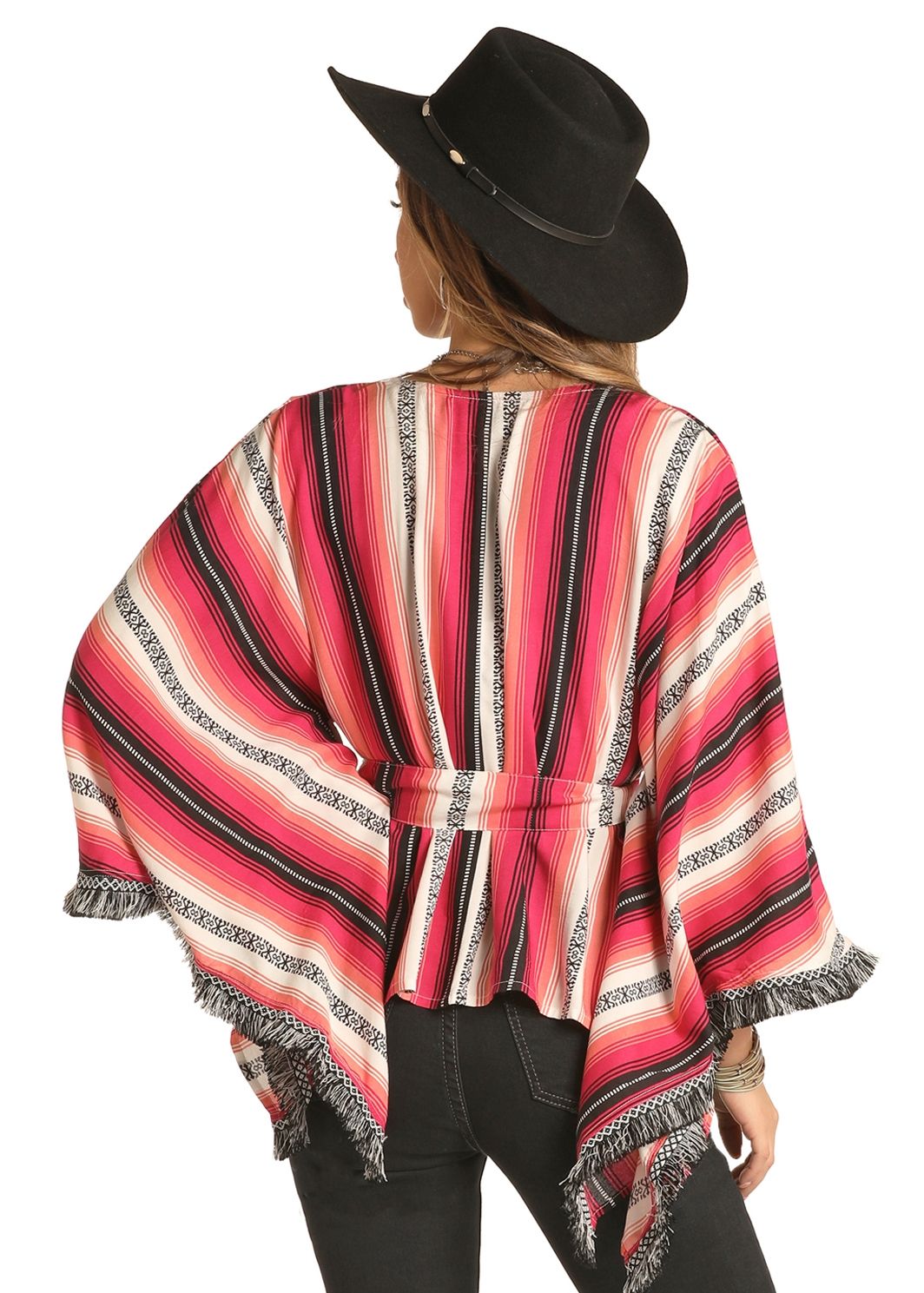 Ladies Rock Roll Cowgirl Striped Poncho With Fringe