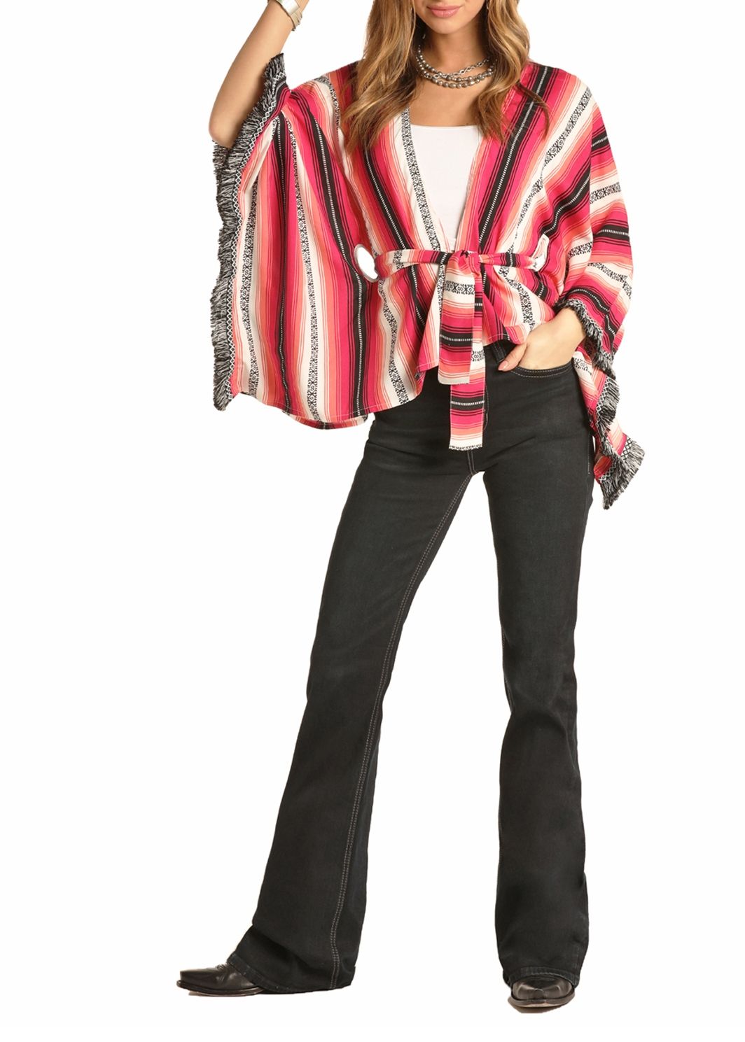 Ladies Rock Roll Cowgirl Striped Poncho With Fringe