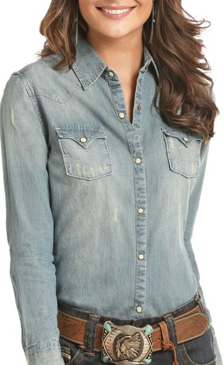 Distressed Denim Long Sleeve Snap Shirt B4S3170