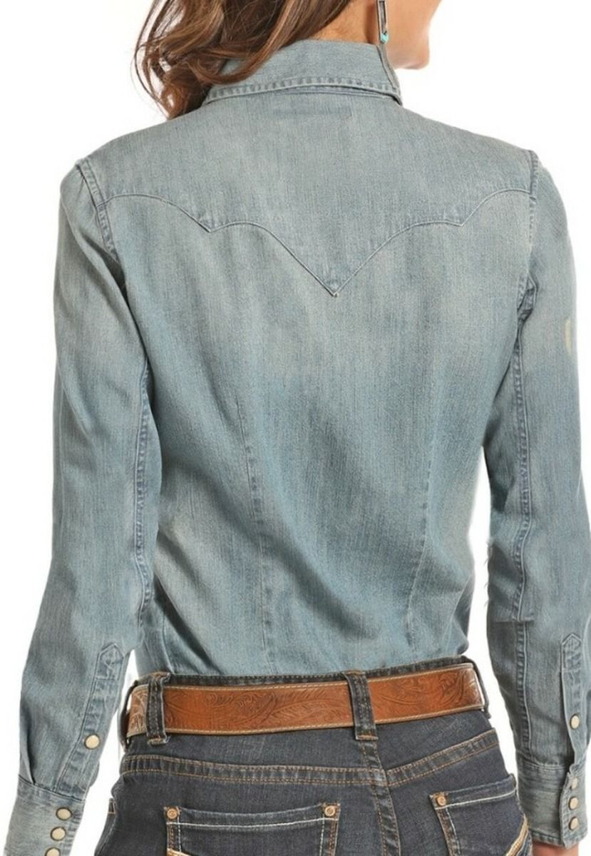 Distressed Denim Long Sleeve Snap Shirt B4S3170