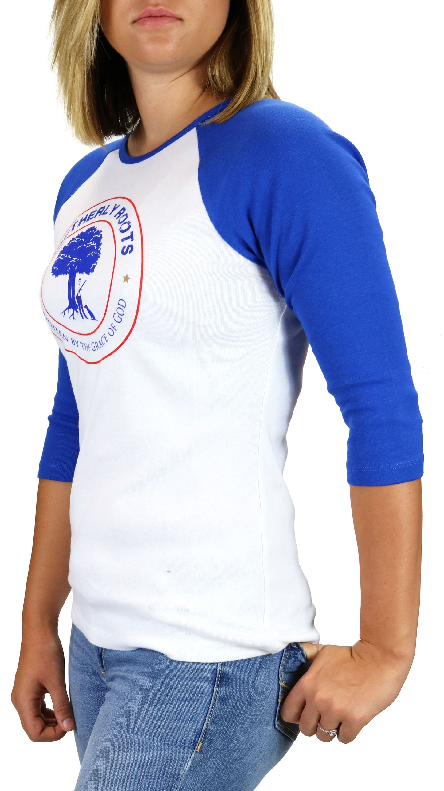 Southerly Roots Southern Belle Baby Ribbed Foil Raglan in White Royal