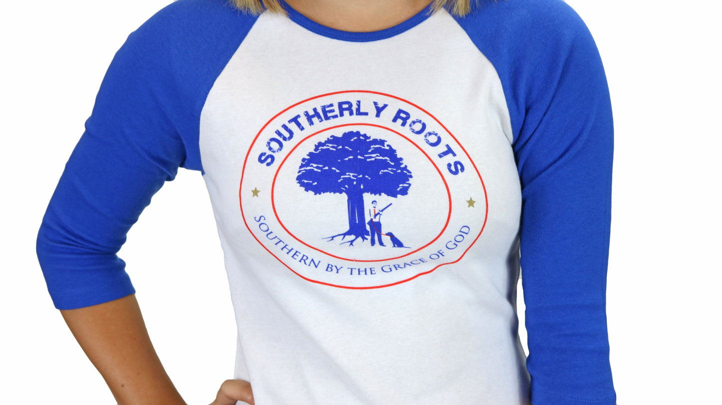 Southerly Roots Southern Belle Baby Ribbed Foil Raglan in White Royal