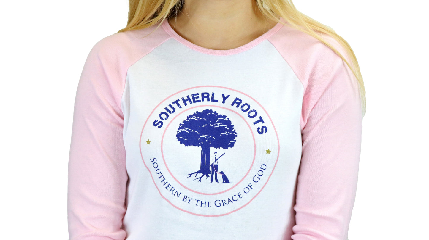 Southerly Roots Southern Belle Baby Ribbed Foil Raglan in White Pink