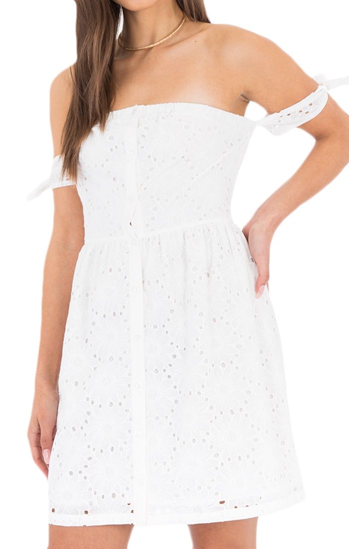 Black Swan Gemma Off The Shoulder Eyelet Dress in Snow White