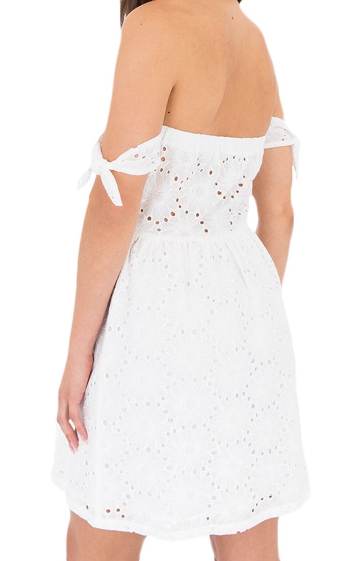 Black Swan Gemma Off The Shoulder Eyelet Dress in Snow White