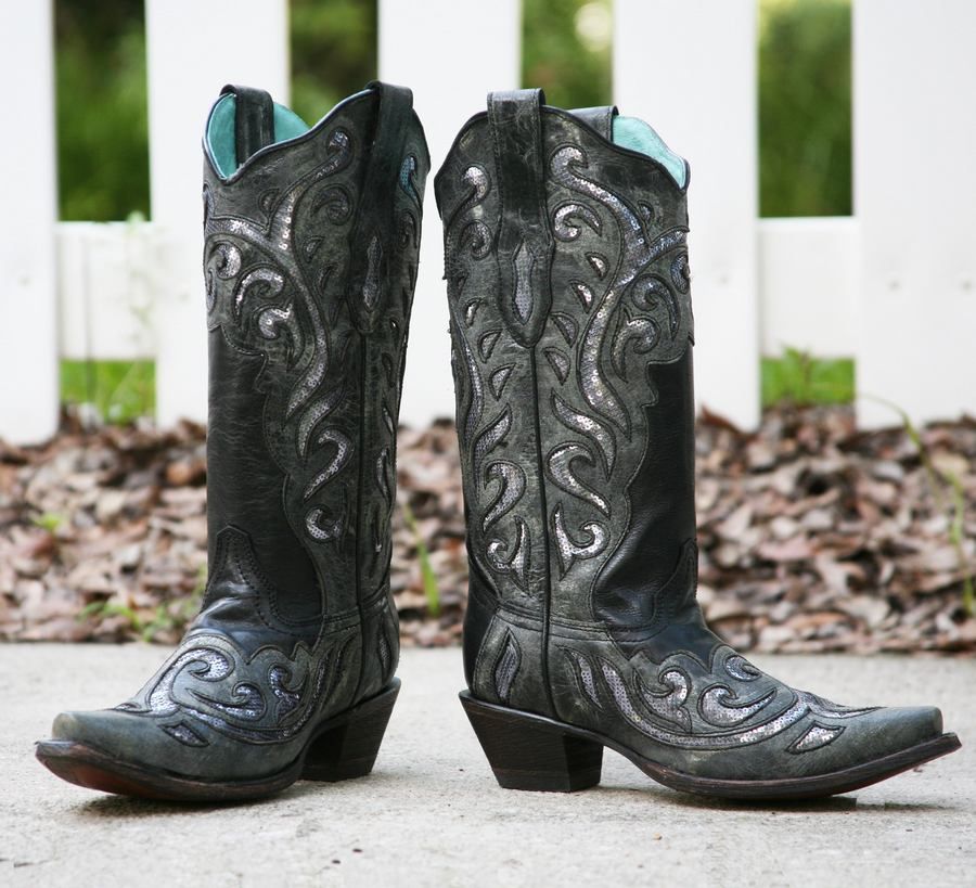 Corral Boots Black and Silver Sequins Inlay and Laser Cut Boot C2713
