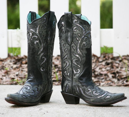 Corral Boots Black and Silver Sequins Inlay and Laser Cut Boot C2713